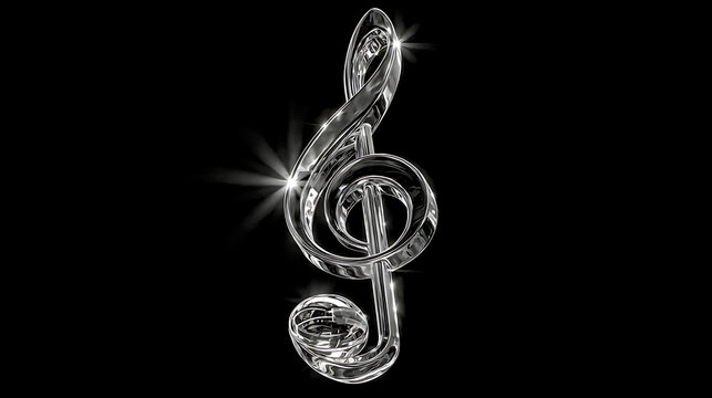 Silver treble clef rendered with a glossy reflective finish against black