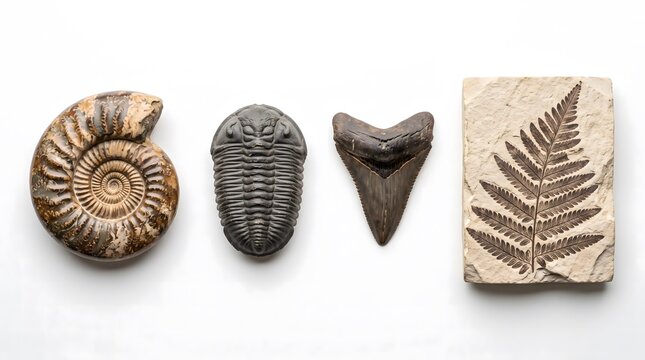 Collection of prehistoric fossils including ammonite, trilobite, shark tooth and fern leaf