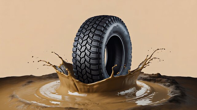 Car tire splashing through muddy water on rugged dirt road