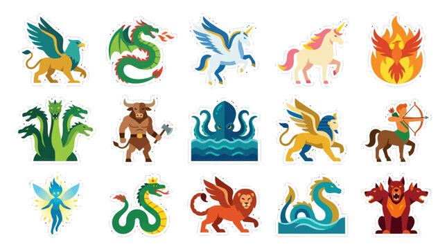 Mythological Creatures Vector Icons: Flat Design Fantasy Beasts