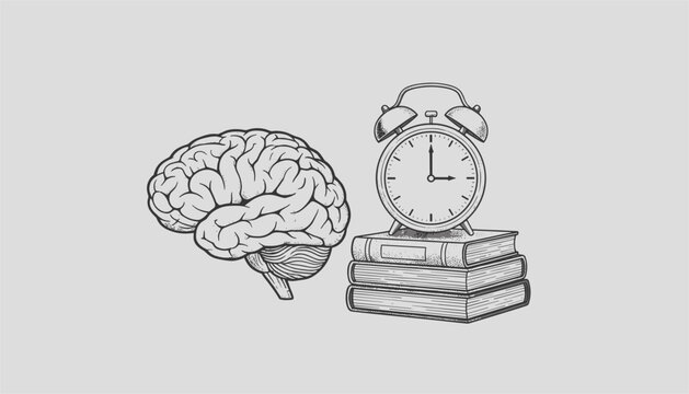Intellectual concept illustration showing a human brain anatomy model placed next to an old mechanical alarm clock sitting on a stack of hardcover books.