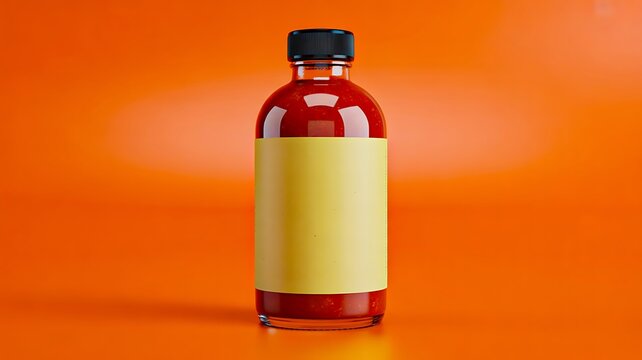 Red glass bottle with blank label on bright orange background
