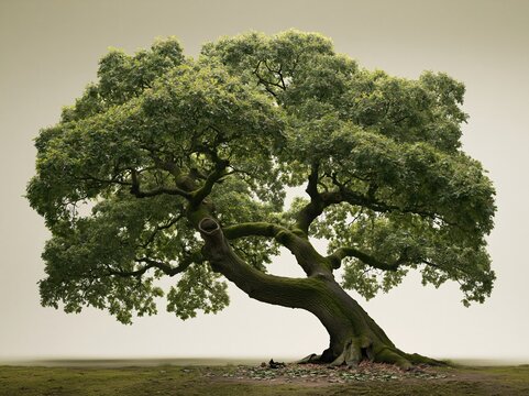 Mature broadleaf tree with a dense green canopy and fissured mossy bark on a neutral background, for architectural visualization and garden design