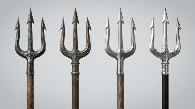 Four different trident spears with metal heads and wooden shafts on a grey background.