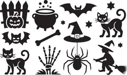 Fototapeta premium Halloween silhouette icons set with witch cauldron black cat and spooky holiday elements