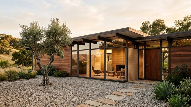 Modern Mid-Century Architectural Home Exterior at Sunset