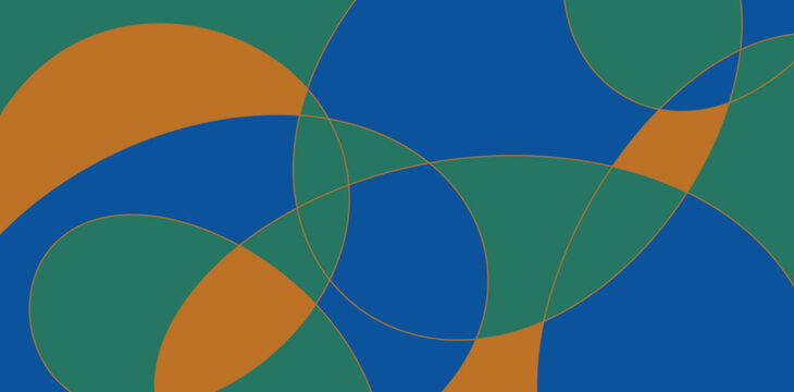 Geometric background with intersecting circles and colorful arcs. Vibrant blue and orange composition in Bauhaus art style.