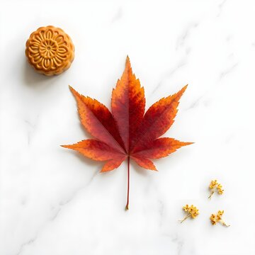 Overhead top view of a carved golden lotus mooncake beside a fresh red Japanese maple leaf and sweet osmanthus sprigs isolated on white background.