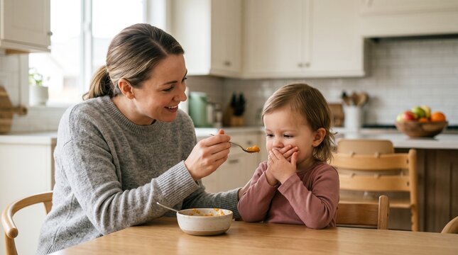 Parent feeding reluctant child 