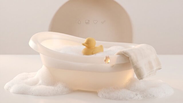 Baby bath hygiene concept, infant tub with rubber duck, foam bubbles and towel with water drop, book, heart and checkmark icons, newborn skincare, gentle cleansing and baby care routine