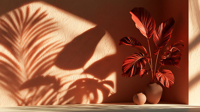 Red monstera leaves cast a shadow on a textured terracotta wall