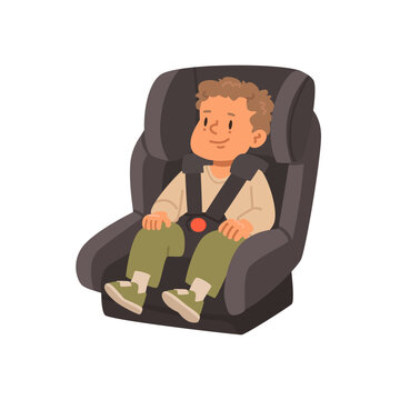 Happy baby sits securely in a child car seat. Flat style vector illustration