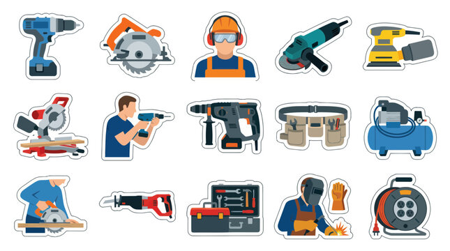 Flat Design Vector Icons Set of Construction and DIY Power Tools, Equipment, and Workers