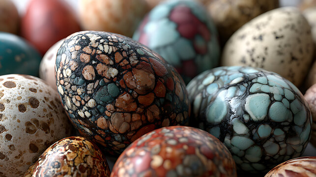 Colorful easter eggs with marbled patterns are displayed in a close up 3d rendering