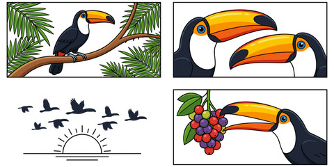 Naklejka premium Tropical toucan bird cartoon vector set with jungle leaves and sunset