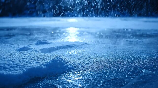 Cold Winter Landscape of Snow Drifting Across a Frozen Lake Surface at Twilight