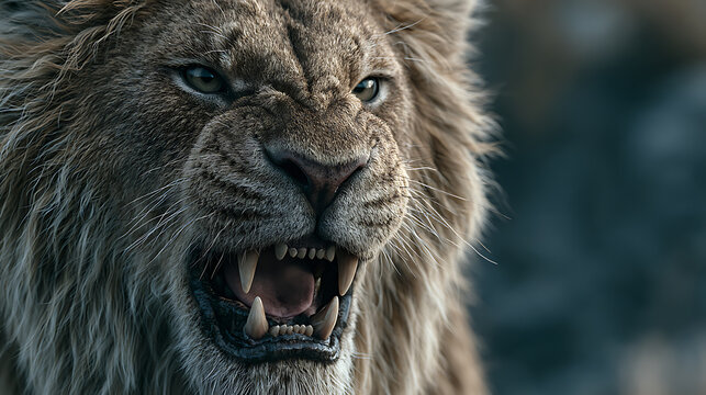 A ferocious lion bares its teeth in a photorealistic close up