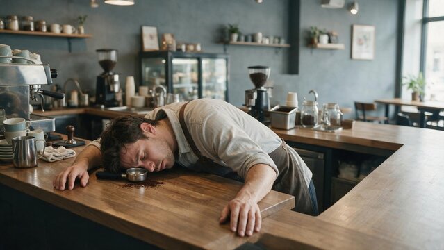 Exhausted barista in an apron collapsed face-down on a wooden cafe counter, showing total fatigue for hospitality staffing and business content with copy space