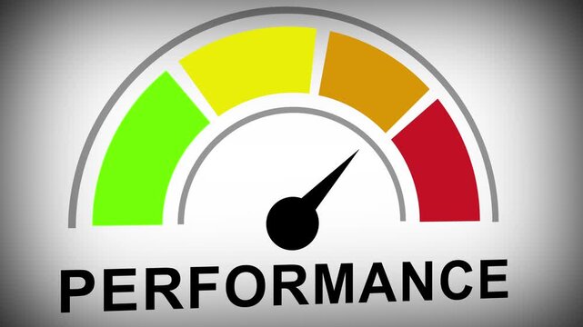 Dynamic performance gauge meter animation featuring a moving needle rising through color-coded zones from green to red, representing business efficiency, growth metrics, and statistical data analysis