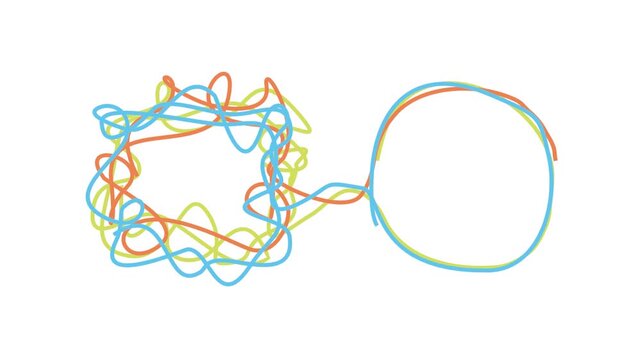 Personal growth and development. Coaching, training, brainstorm animation. Unraveling tangled tangle. Psychotherapy concept. Metaphor of problem solving, chaos and mess, difficult situation.