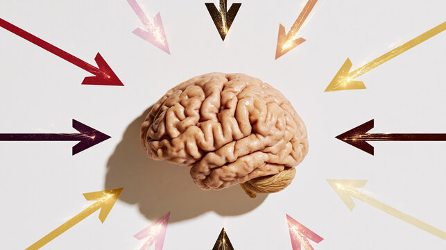 Brain model with colorful arrows pointing inward, symbolizing focus, thought, attention, and mental pressure