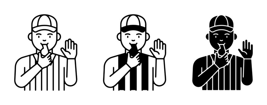 Sports Referee Icons, Whistle Blowing, Stop Signal, Game Official Vector Graphics, Black and White Line Art, Official Authority Symbols