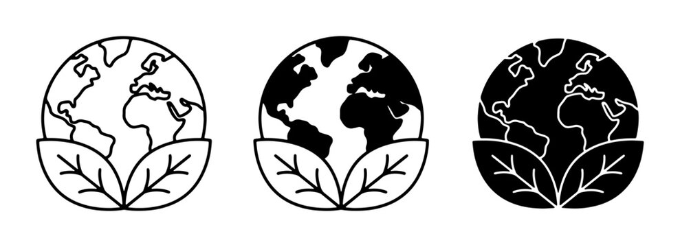 Eco-friendly Earth icons, planet globe with leaves, environmental conservation symbols, green energy, sustainability vector graphics