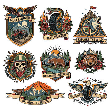 Set of vintage vector badges with animals, vehicles and wilderness themes in retro tattoo style.