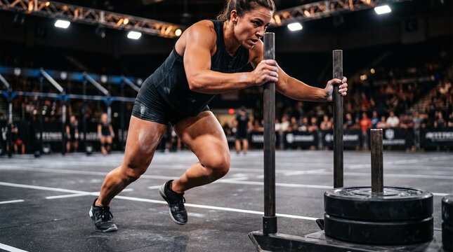 Athlete pushing weighted sled during indoor fitness race