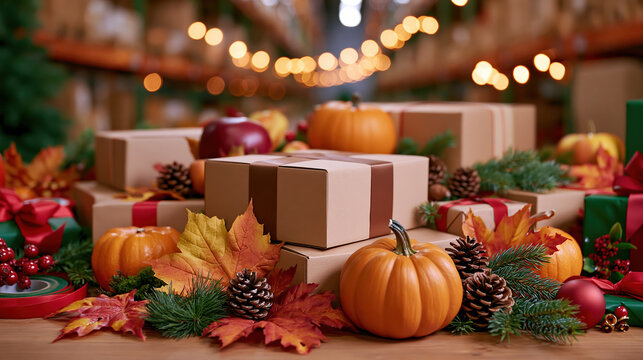 Festive autumn gift box surrounded by pumpkin, pinecone, maple leaf, and warm lights in warehouse setting