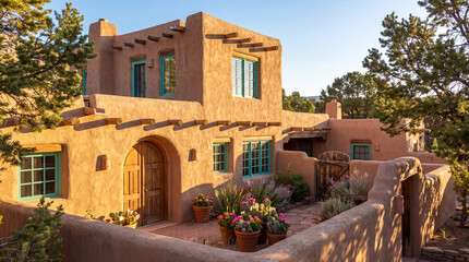 Fototapeta premium This picturesque adobe style house nestled in a natural setting captures a serene lifestyle and architectural beauty harmoniously integrated into the surrounding landscape.