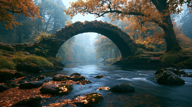 Serene autumn landscape featuring a stone arch bridge over a flowing river in a forest