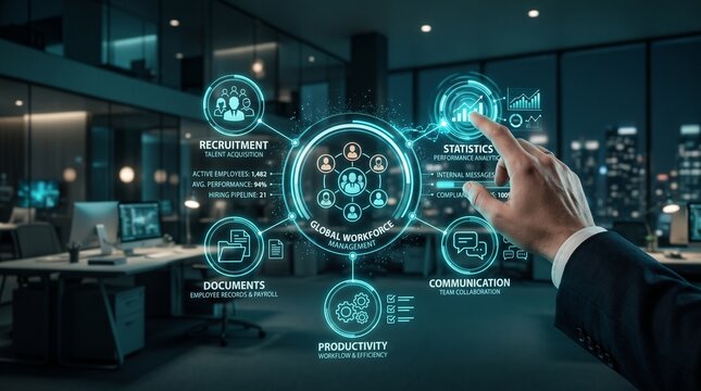 Businessman touching futuristic holographic HUD interface representing global workforce management in a modern office