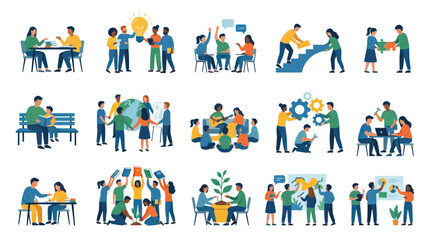 Fototapeta premium Flat Style Vector Icons: Teamwork, Education, Growth, and Collaboration Scenes