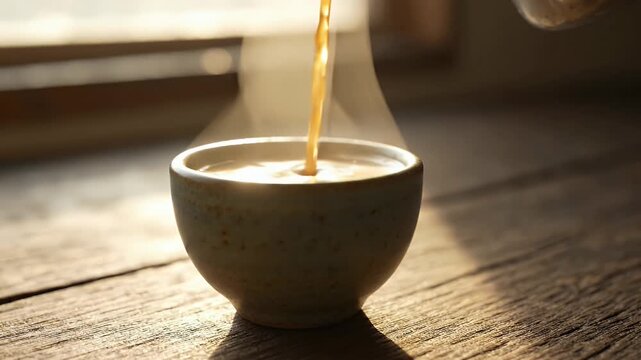 Hot tea being poured into white ceramic mug on wooden table in warm sunlight