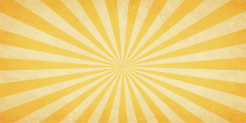 Fototapeta premium Grunge Retro Sunburst Background with Orange and Yellow Rays, Vintage Radial Light Burst, Distressed Paper Texture, Summer Sunrise Vector Illustration Pattern