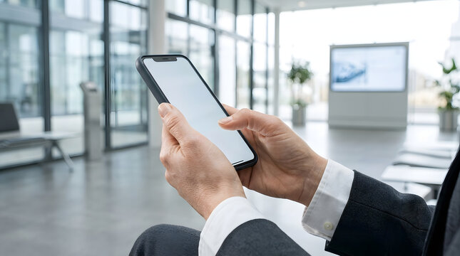 Business professional holding blank smartphone in modern office lobby
