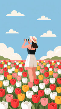 A woman wearing a summer hat stands in a field of colorful blooming tulips and takes a photograph of the beautiful scenery during a sunny spring day