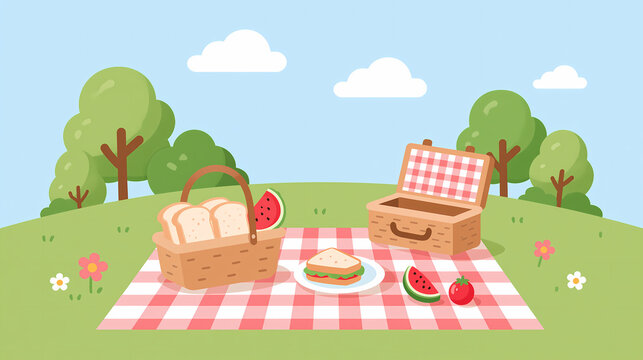 A picnic basket with food and a sandwich sit on a red and white checkered blanket in a beautiful green park during a sunny summer day