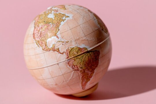 Translucent globe model with simplified continent outlines on a soft coral pink background, featuring a smooth glass finish for global communication and unity concepts