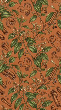 Elegant vintage botanical wallpaper featuring cinnamon tree branches with curled bark quills, small white flowers, buds, and green leaves arranged in a repeating pattern on a warm terracotta orange ba