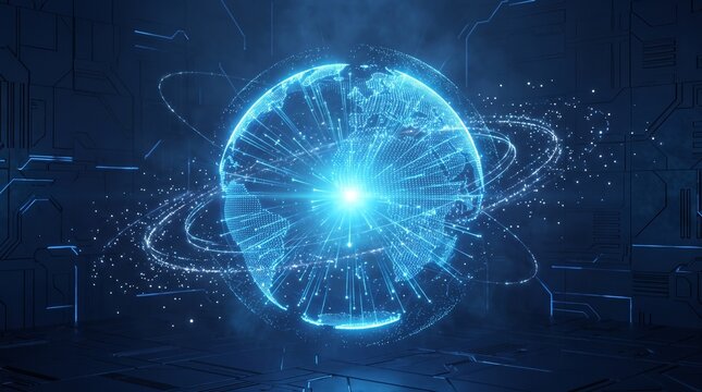 Glowing digital globe constructed from bright blue light particles displays interconnected data networks with radiant energy beams and orbital rings