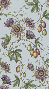 Luxury botanical wallpaper featuring exotic passion flowers, twisting vines, intricate purple filaments, green tendrils, lobed leaves, and small ripening fruits in a seamless repeating pattern on a so