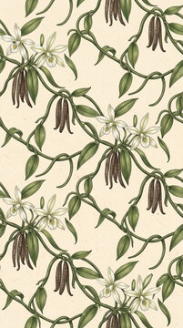 Luxury botanical wallpaper featuring vanilla orchid vines with elegant white flowers, twisting green stems, pointed leaves, and hanging brown pods arranged in a seamless repeating pattern on a light c