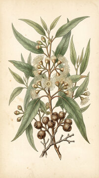 Museum-quality nineteenth-century botanical illustration featuring flowering eucalyptus branches with pale cream fluffy stamens, smooth lanceolate green leaves, and woody gum nut seed capsules on an a
