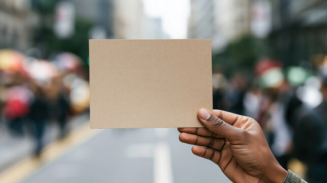 Hand holding blank kraft paper card amid busy urban street crowd