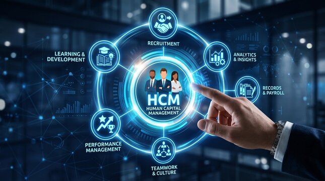 Human Capital Management HCM System with Business Technology Icons for HR Operations and Talent Development