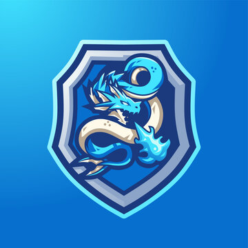 Vector graphic illustration of a blue leviathan mascot esports logo inside a shield badge, isolated on blue background in a modern gaming emblem style.