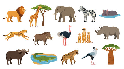 Naklejka premium African Safari Animals Flat Vector Illustration - Wildlife Collection