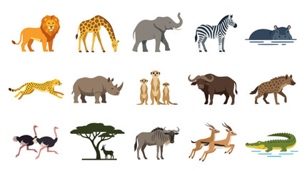 Naklejka premium African Safari Animals Flat Vector Icons Set - Lion, Giraffe, Elephant, Zebra, Hippo